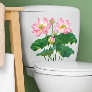 Realistic pink lotus flower sticker applied to a white ceramic toilet tank detail