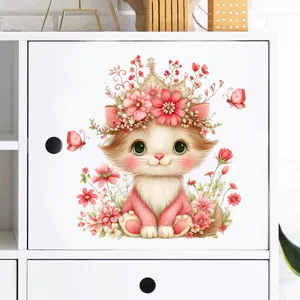 Cute cartoon cat and flower decorative wall sticker applied on a white cabinet door