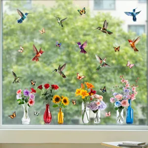 Detailed view of colorful hummingbird and flower vase window static stickers for home