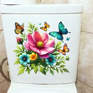 Detailed view of vibrant floral and butterfly waterproof decal on a toilet tank