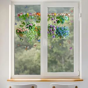 Vista detallada de pájaros vibrantes y cestas de flores en pegatinas estáticas para ventanas