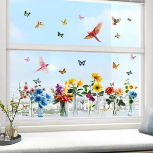 Detailed view of vibrant floral and bird static window stickers for home glass decor