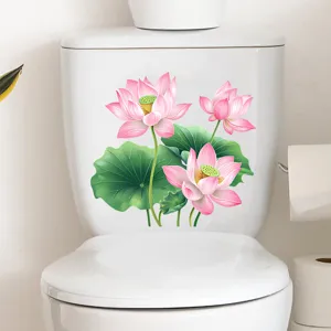 Detail view of a pink lotus flower waterproof sticker applied to a white toilet tank.