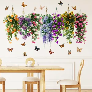 Adesivi murali con cesti di fiori e farfalle presentati in un elegante ambiente