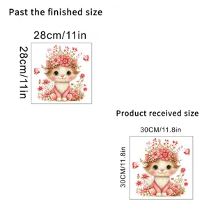 Detailed size comparison for cartoon cat wall decal showing finished and received dimensions