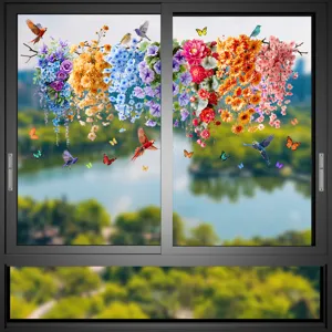 Pegatinas estáticas para ventanas con flores y aves de colores para decoración del hogar.
