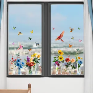Realistic colorful flower and bird static window clings on glass pane for home decoration