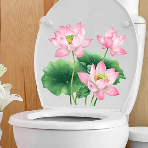 Waterproof lotus flower wall sticker applied to a white toilet seat cover decoration.