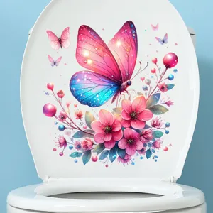 Close-up of vibrant colorful butterfly and floral waterproof toilet lid sticker decal