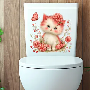 Adorable red kitten with pink flowers waterproof toilet sticker for bathroom decor