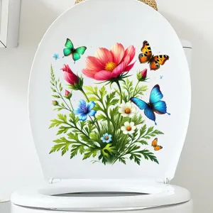 Decorative floral and butterfly waterproof self-adhesive sticker applied to a toilet lid.