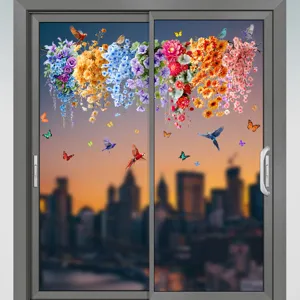 Hermosas pegatinas estáticas para ventanas con flores y pájaros en una puerta de vidrio