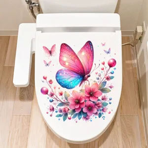 Detailed view of a vibrant butterfly and floral waterproof decal on a white toilet lid