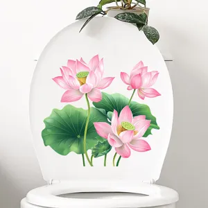 Vibrant pink lotus flower waterproof wall sticker applied on a white toilet lid