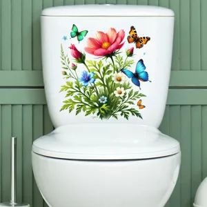 Detail view of colorful floral and butterfly waterproof self-adhesive toilet tank sticker