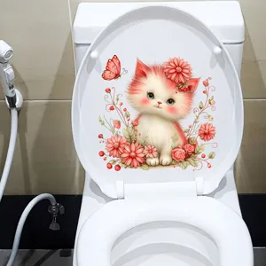 Cute pink kitten with flowers waterproof toilet lid decal sticker decoration.