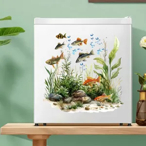 Watercolor style waterproof fish and seaweed wall stickers applied on a white fridge door
