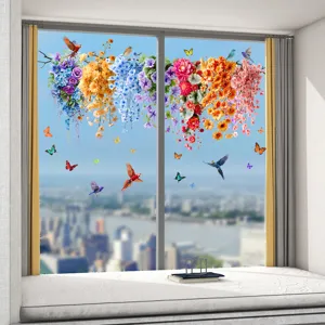 Calcomanías estáticas para ventanas con pájaros y flores de colores sobre vidrio con vista.