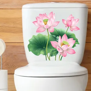 Close-up of elegant pink lotus flower sticker applied on a white toilet tank