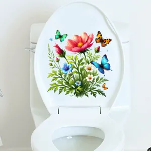 Detail of waterproof toilet sticker with vibrant floral and butterfly patterns