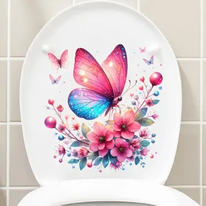 Decorative vibrant butterfly and flower waterproof sticker applied on a white toilet lid.