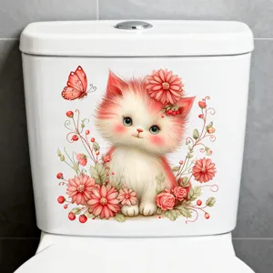 Detailed view of a waterproof kitten and butterfly decorative sticker on a toilet tank