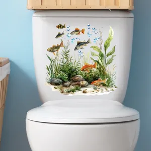 Vibrant watercolor fish and seaweed waterproof toilet sticker for bathroom decor