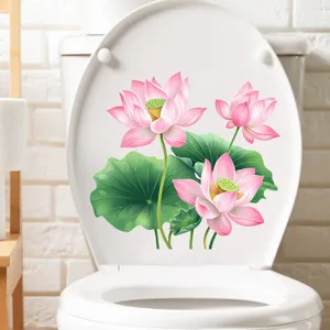 Lotus flower waterproof toilet lid sticker with pink blossoms and green leaves design