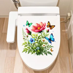 Vibrant floral and butterfly waterproof sticker applied on a white toilet lid cover.