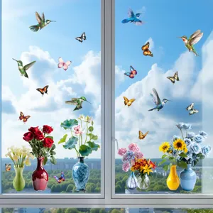 Decorative static window decals with hummingbirds, butterflies, and floral vases on glass