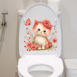 Close-up showing a cute cat and butterfly waterproof decal applied to a toilet lid