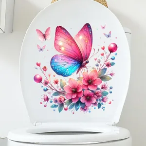Detail showing colorful butterfly and flower waterproof decal applied to toilet lid