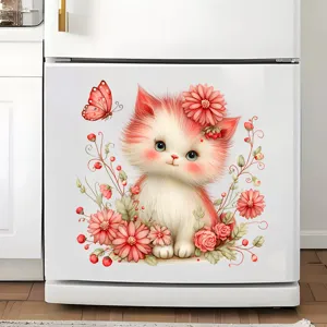 Cute kitten and flowers waterproof sticker applied on a white refrigerator door