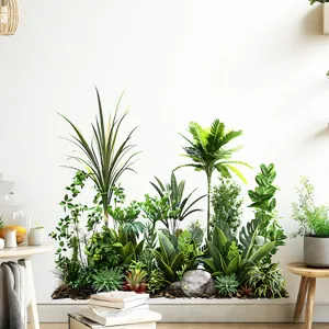 Detailed view of tropical green plant wall stickers in a bright, modern living room setting