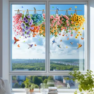 Pegatinas para ventanas con cestas de flores colgantes, aves y mariposas de colores