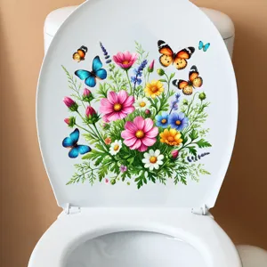 Vibrant floral and butterfly waterproof sticker applied on a white toilet lid detail.