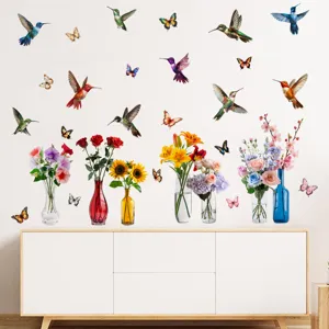 Adesivi murali colibrì e farfalle con vasi di fiori per decorazione domestica