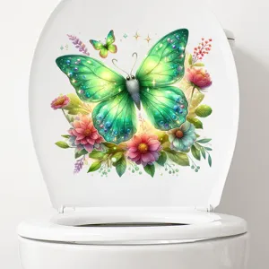 Close-up detail of a colorful butterfly and flower waterproof sticker on a toilet lid