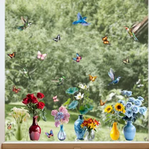 Detail showing colorful hummingbird and floral vase window static stickers effect