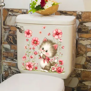 Detailed view of cute cat and pink flower sticker applied on a white toilet tank.