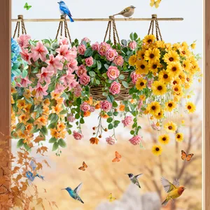 Vista detallada de cestas de flores y pegatinas estáticas de aves para ventanas.