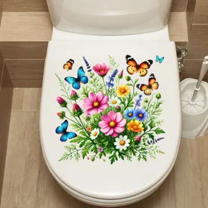 Vibrant flower and butterfly waterproof decal sticker applied on a clean white toilet lid.