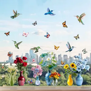 Vibrant hummingbird and flower window static cling stickers for glass home decoration