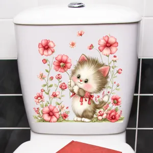 Detailed view of a cute kitten and pink flower waterproof decal on a toilet tank.