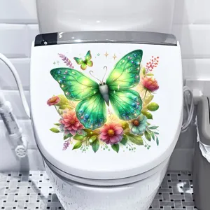 Detailed view of colorful butterfly waterproof sticker applied on a white toilet seat