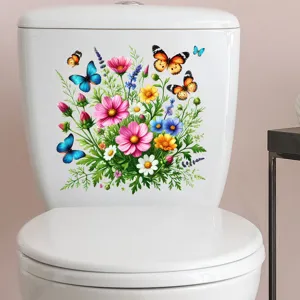 Vibrant floral and butterfly waterproof self-adhesive sticker on a white toilet tank.