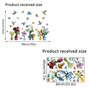 Dimensions guide for floral and butterfly static window film decals in two sizes
