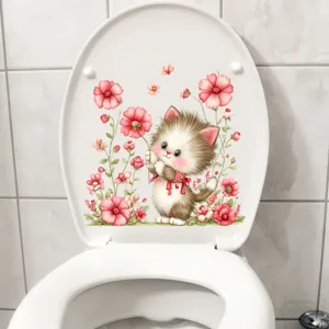 Detail view of cute fluffy cat and pink flower waterproof sticker on white toilet lid.