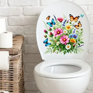 Detailed view of colorful floral and butterfly waterproof stickers on a toilet lid.