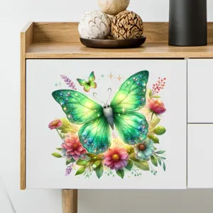 Vibrant green butterfly and floral wall decal applied on a white minimalist cabinet detail